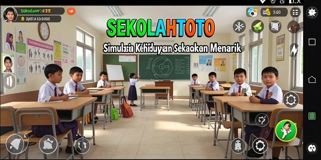 Tampilan screenshot dari gameplay <strong>SEKOLAHTOTO</strong> yang menampilkan interaksi karakter di sekolah.