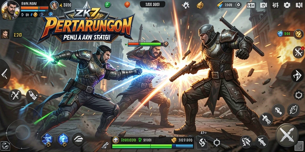 Tangkapan layar ZK7 menampilkan pertarungan yang intens dan karakter yang kuat.